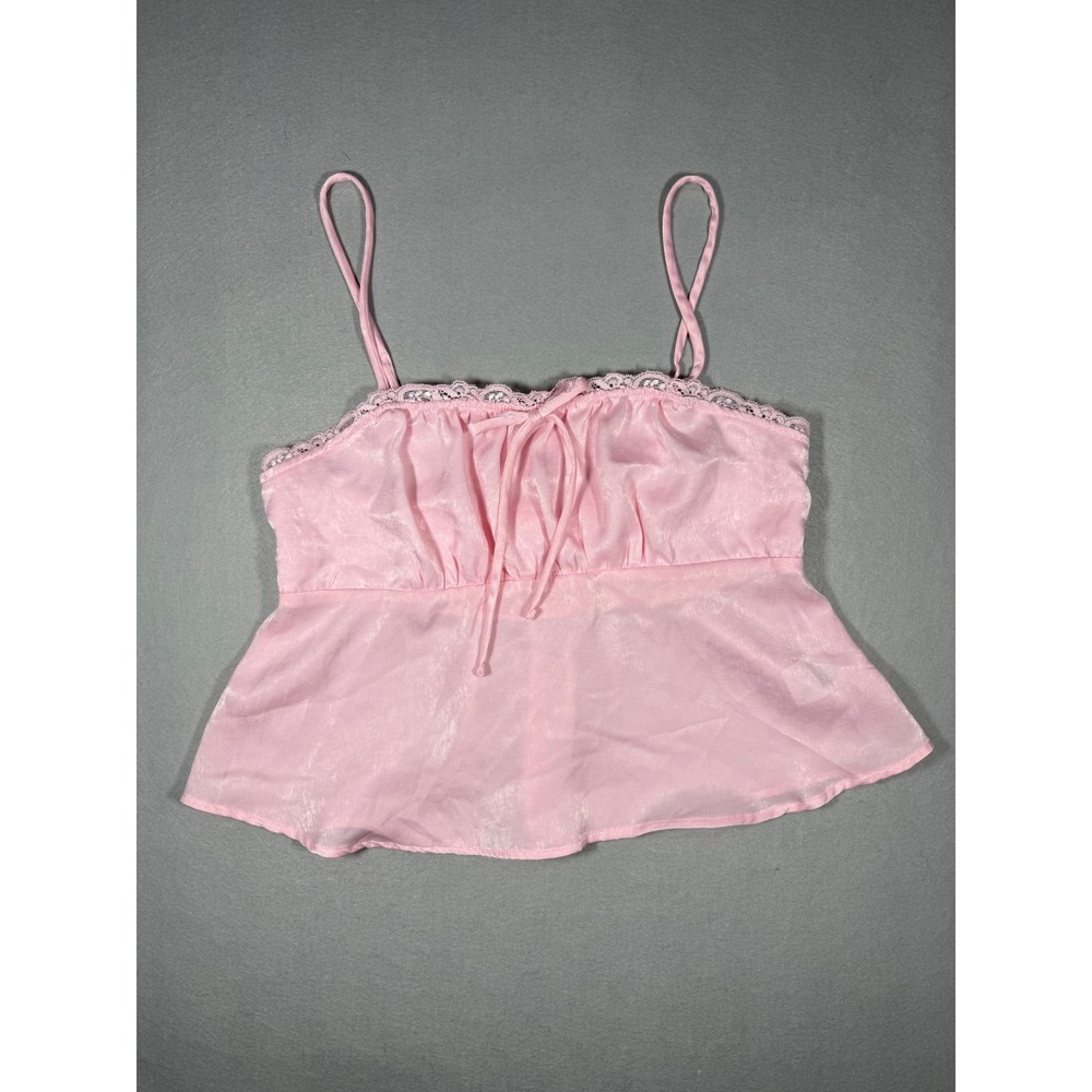 Coquette Pink Satin Lace Trim Camisole Top Smocked Back Peplum Babydoll Cami Med